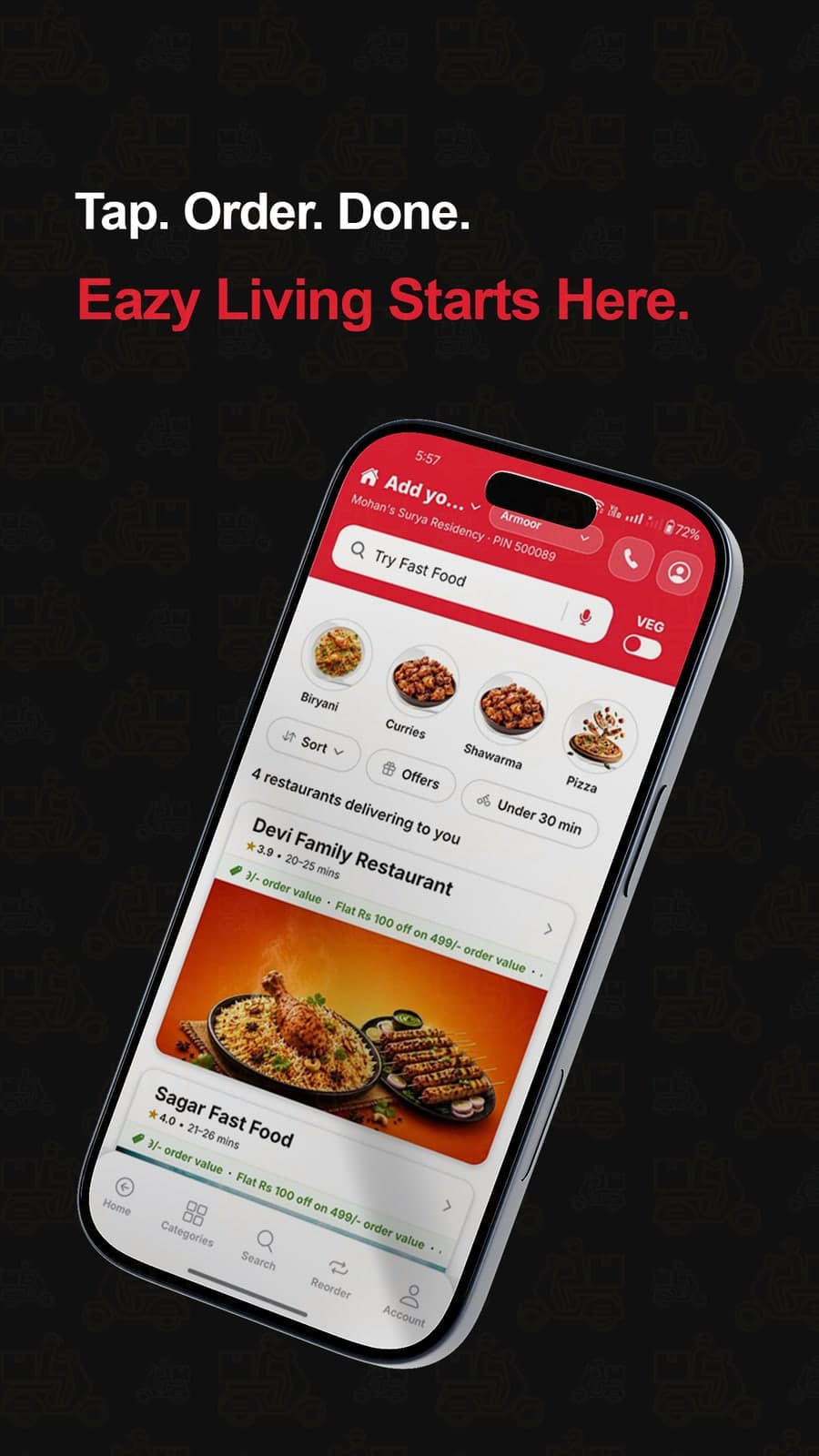 Tap. Order. Done. The Get Eazy home screen with restaurants and dishes