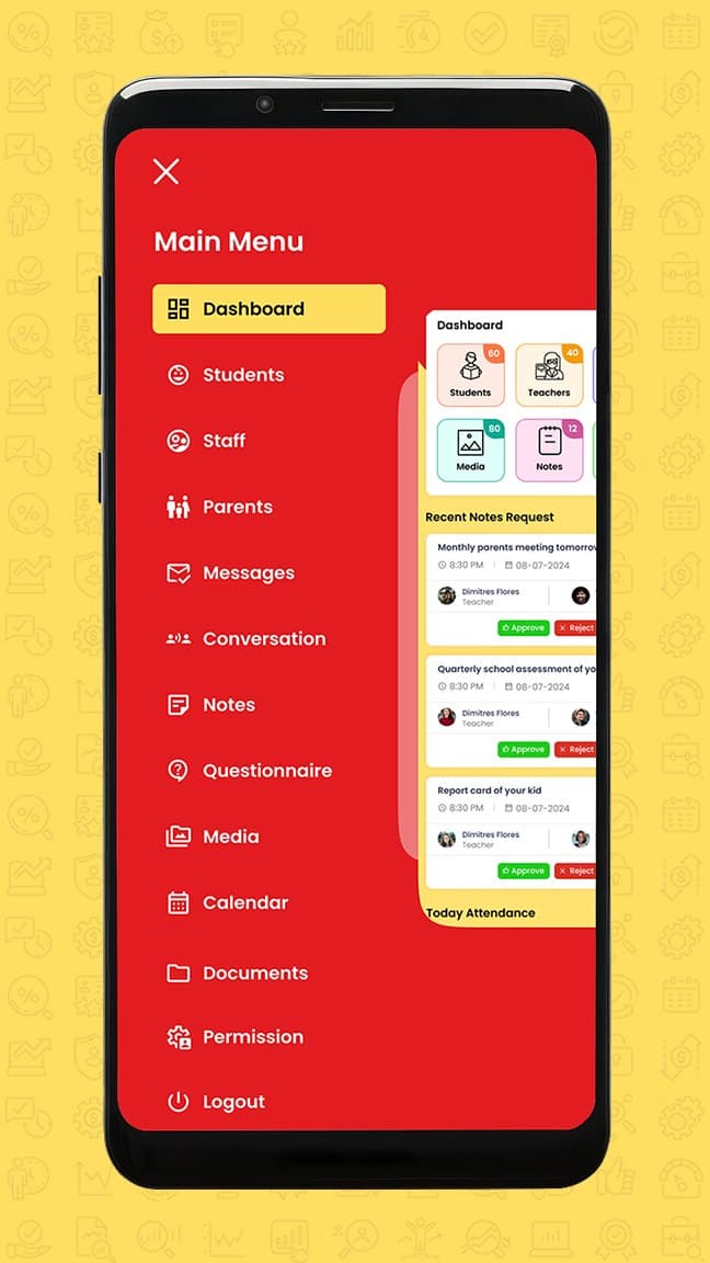 SuperSchool main menu: dashboard, students, staff, parents, messages, notes and more